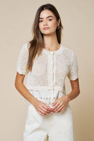 Scalloped Eyelet Contrast Open Knit Top