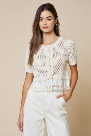Scalloped Eyelet Contrast Open Knit Top
