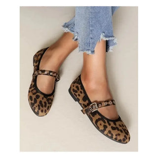 leopard faux suede buckle strap ballet flats 