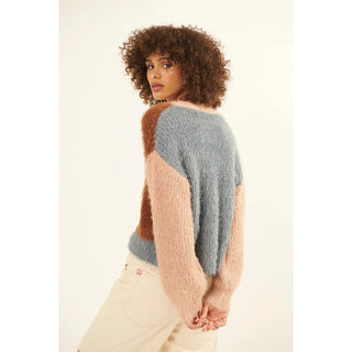 furry color block v neck sweater 