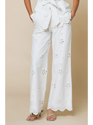Floral Embroidery Scalloped Hem Pants