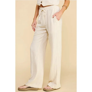 linen blend oatmeal colored drawstring pants