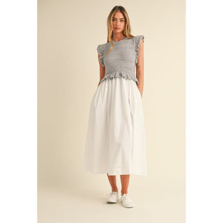 ruffle knit bodice sweater with poplin skirt dress