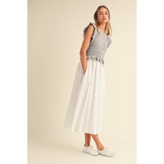 ruffle knit bodice sweater with poplin skirt dress