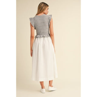 ruffle knit bodice sweater with poplin skirt dress