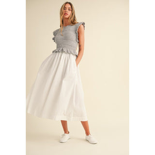 ruffle knit bodice sweater with poplin skirt dress