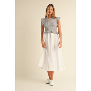 ruffle knit bodice sweater with poplin skirt dress