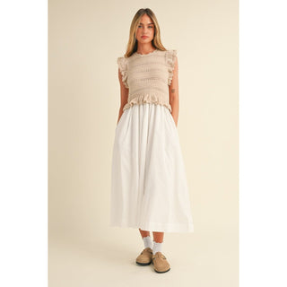 ruffle knit bodice sweater with poplin skirt dress