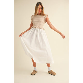 ruffle knit bodice sweater with poplin skirt dress