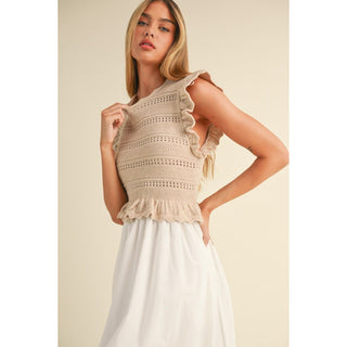 ruffle knit bodice sweater with poplin skirt dress