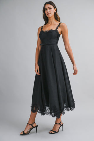 Lace Trim Black Midi Dress