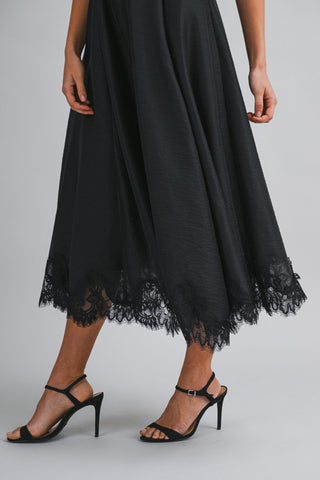 Lace Trim Black Midi Dress