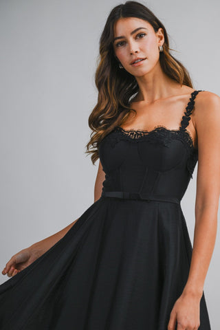 Lace Trim Black Midi Dress