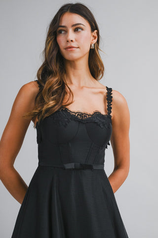 Lace Trim Black Midi Dress