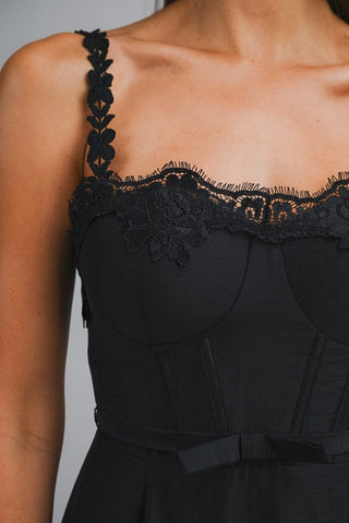 Lace Trim Black Midi Dress