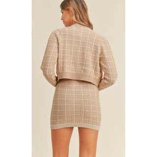 3 piece tweed lurex thread sweater set with matching crop top, mini skirt and long sleeve button down cardigan