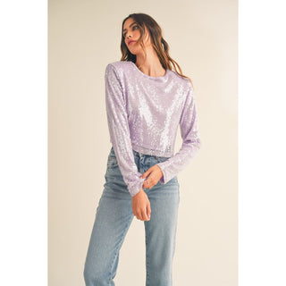 Long sleeve sequin crop top with shoulder pad detailing. Back invisible zipper. Lining.