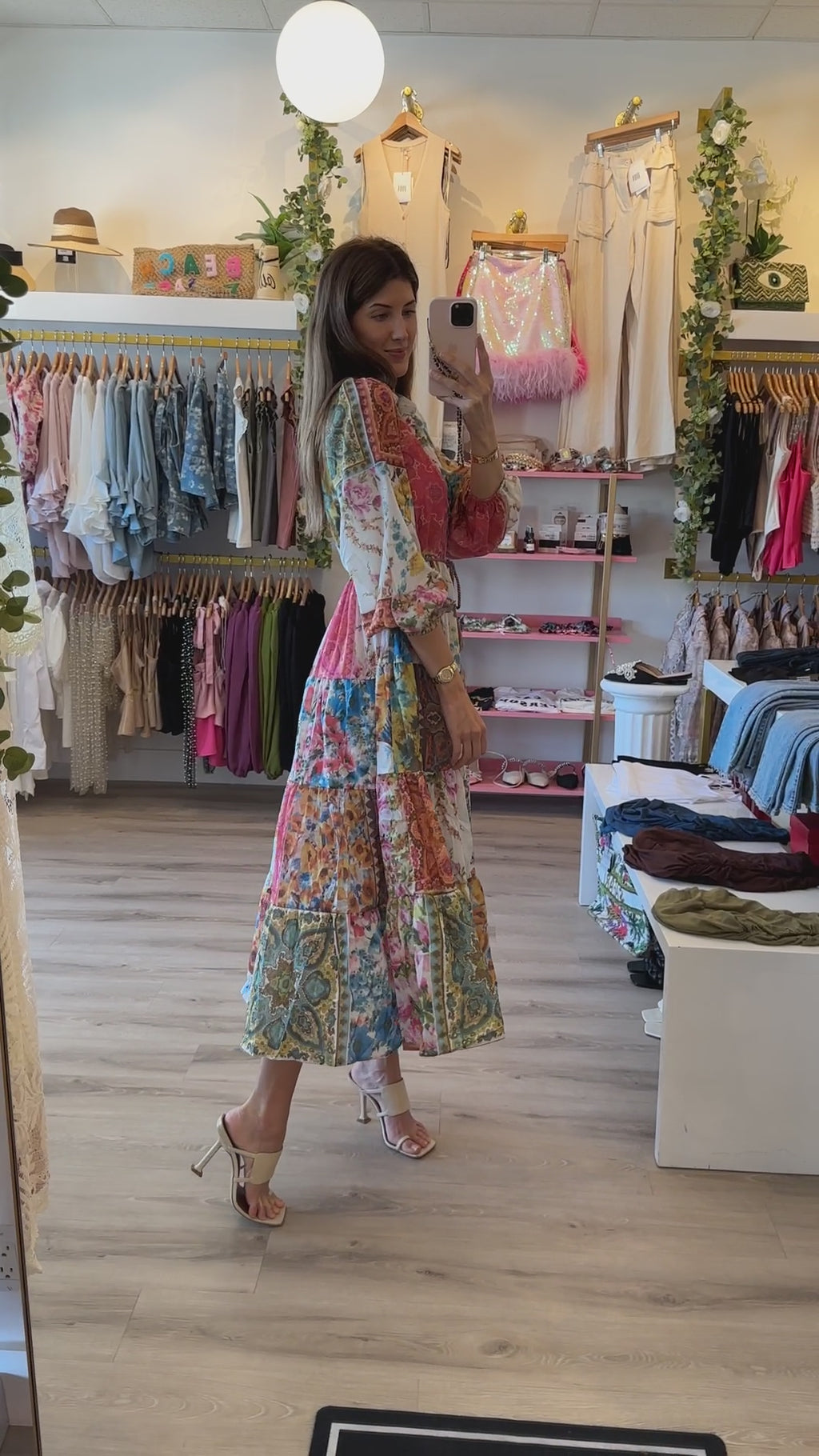bohemian style flowy maxi dress with floral and paisley patches 