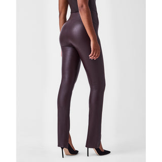 leather like front slit leggings from spanx in cherry chocolate