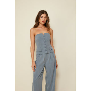 blue pinstripe strapless top with button down front