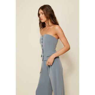 blue pinstripe strapless top with button down front