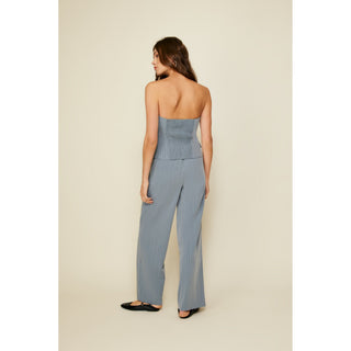 blue pinstripe strapless top with button down front