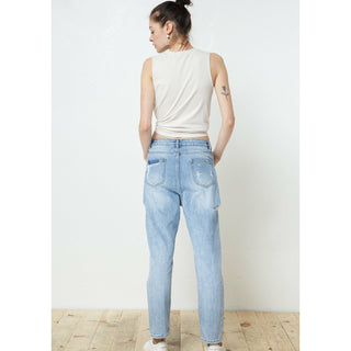 distressed loose fit mom jeans in light wash