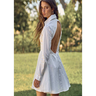 White structured button down shirt dress with open back 