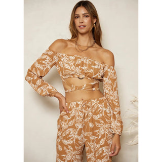 boho tie off shoulder top and matching tiered flow pants