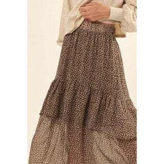 floral print high waist elastic chiffon chestnut tiered ruffle skirt