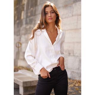 satin button down blouse with long sleeves and pajama style collar