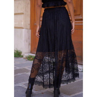 high waist elastic lace midi skirt with slip