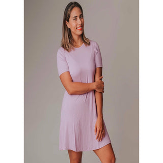 lilac color t shirt dress, stretchy rib fabric
