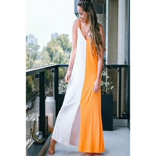 two color orange and white strappy maxi dress with slit at bottom for comfort