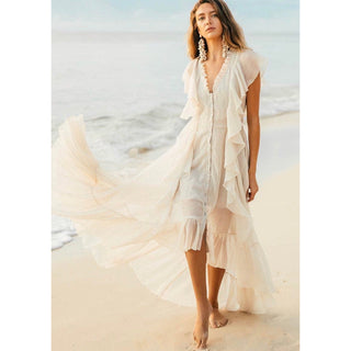dreamy off white cream lace soft chiffon type dress with ruffled bodice and buttons high low dress