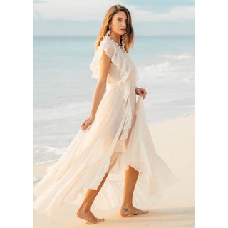 dreamy off white cream lace soft chiffon type dress with ruffled bodice and buttons high low dress
