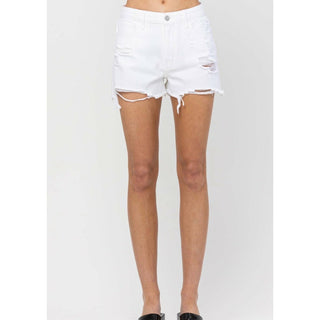 high rise distressed mom shorts in white