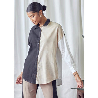 black, white and taupe color blocking button down oversized shirt 100% cotton linen feel