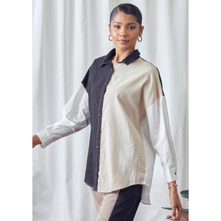 black, white and taupe color blocking button down oversized shirt 100% cotton linen feel