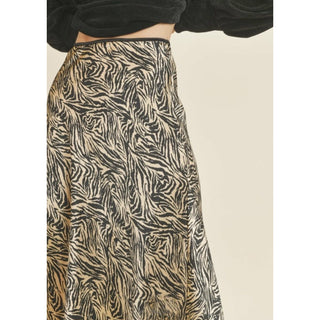 shimmery golden zebra print midi skirt in satin fabric
