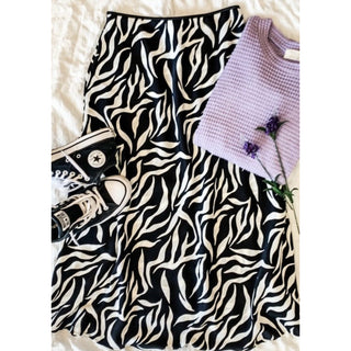 zebra print black and white satin midi skirt