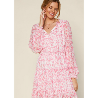 pink and white floral breezy elastic summer dress with long sleeves 