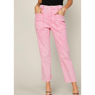 washed denim loose utility pant with elastic waist and button detailing