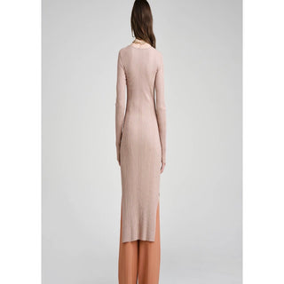 ribbed fitted sweater dress with side slit in camel beige color