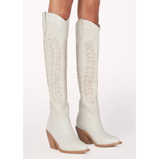 ukiri knee high boots with embroidery and embossed snakeskin pattern off white