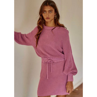 lavender lightweight knit sweater dress with tie elastic waist