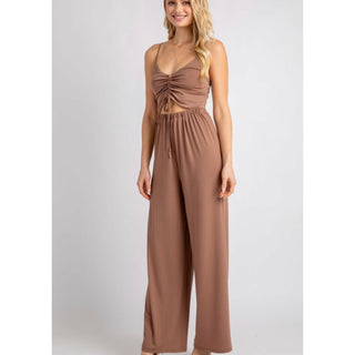 ruched adjustable strappy lightweight wide leg jumpsuit