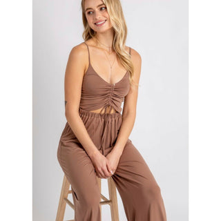 ruched adjustable strappy lightweight wide leg jumpsuit