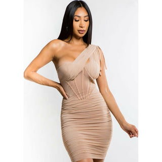 ruched one shoulder mesh mini dress with bustier bra top and boned corset body