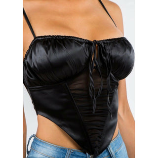 black satin bustier style tank top with mesh detailing and boned v shape front with adjustable bust